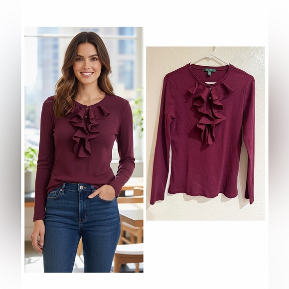 Ralph Lauren Tops - Lauren Ralph Lauren Women's Burgundy Ruffle Front Long Sleeve Cotton Top size L